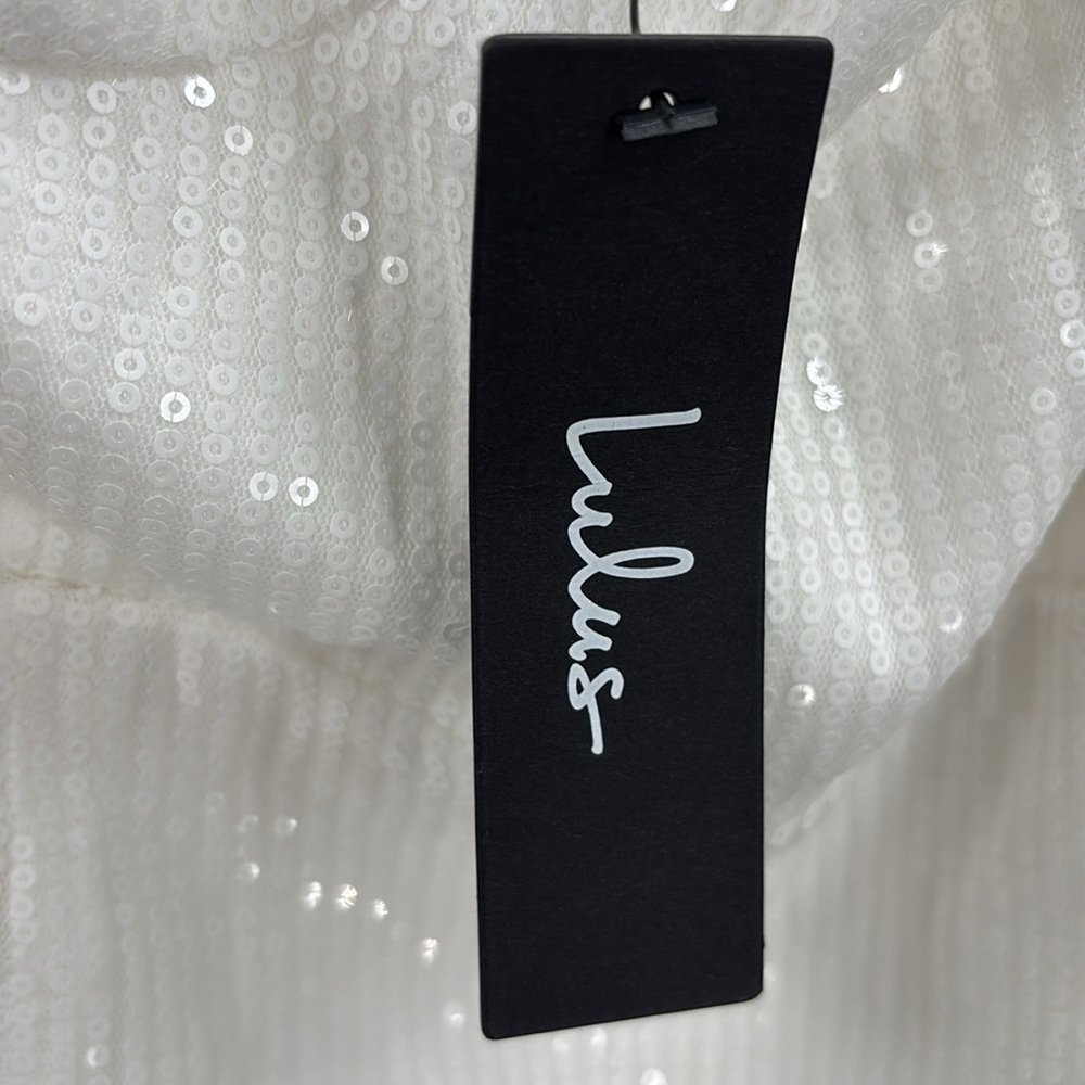 Lulus Glowing Intentions White SEQUIN Bustier Tie-Strap Mini Dress size M NWT - Picture 11 of 16